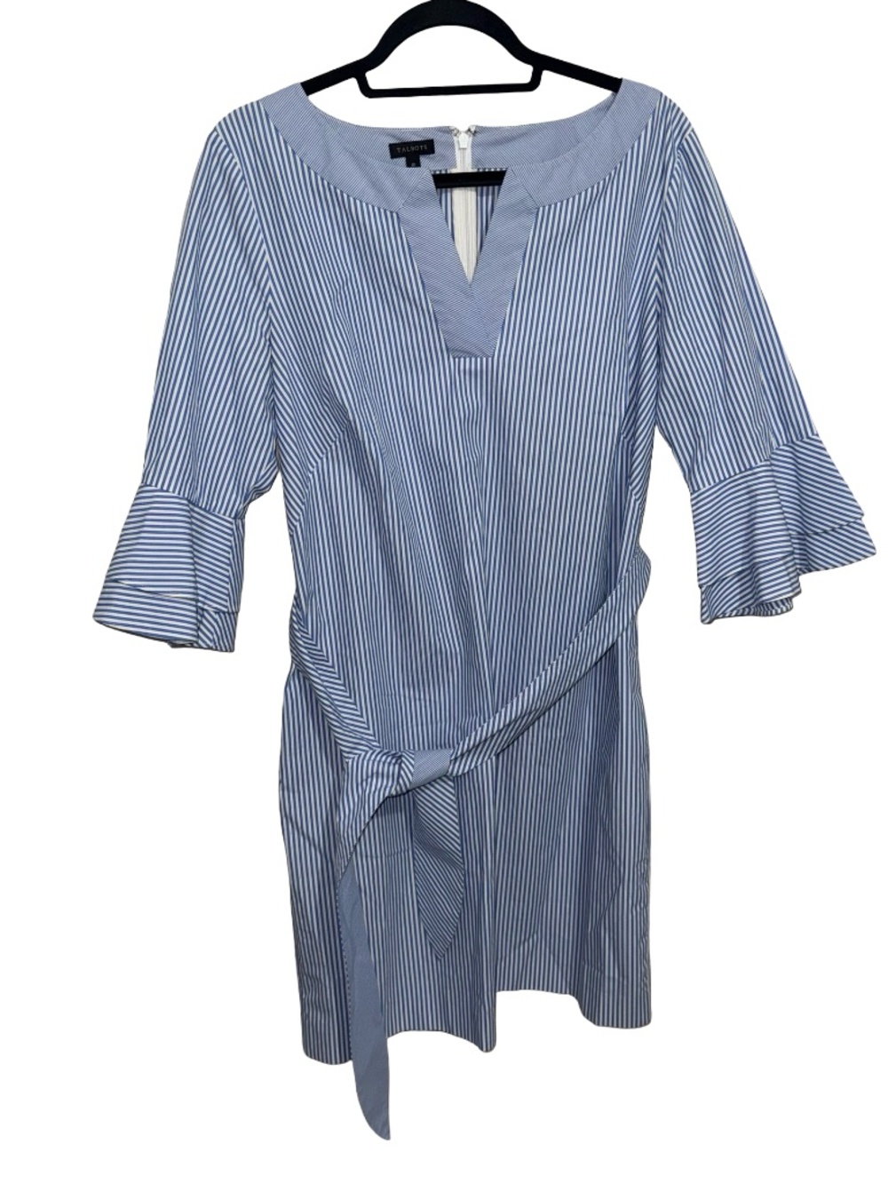 Talbots Blue/White Striped 3/4 Tier Bell Sleeves 100% Cotton VNeck Dress Sz 10